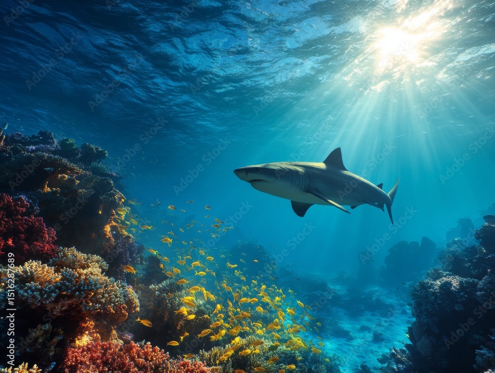 Obraz premium Ocean Depths Shark, Coral Reef and Golden Fish Under Sunlight, marine , wildlife