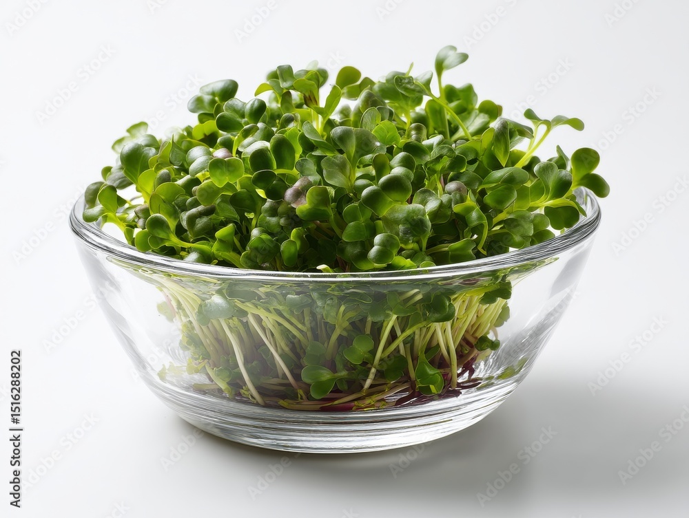 Radish Microgreens in Glass Bowl, Fresh Sprouts, Healthy food Radish Microgreens in Glass Bowl, Fresh Sprouts, Healthy food