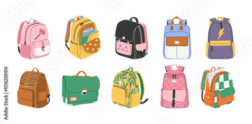 Set of backpacks for preschoolers, school kids, university students. Isolated hand drawn collection of school bags for boys and girls. Back to school concept in flat style. Vector illustrations.