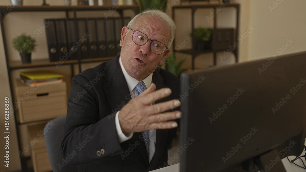 Fototapeta premium Senior man in business suit expressing emotions in modern office setting, emphasizing workplace and interior context with focus on communication technology like computer.