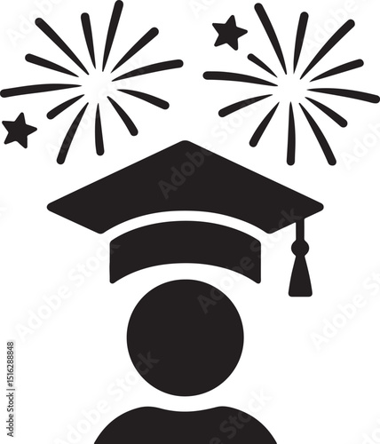 Silhouette vector of a graduation hat with fireworks, symbolizing celebration, achievement, success, and academic joy.