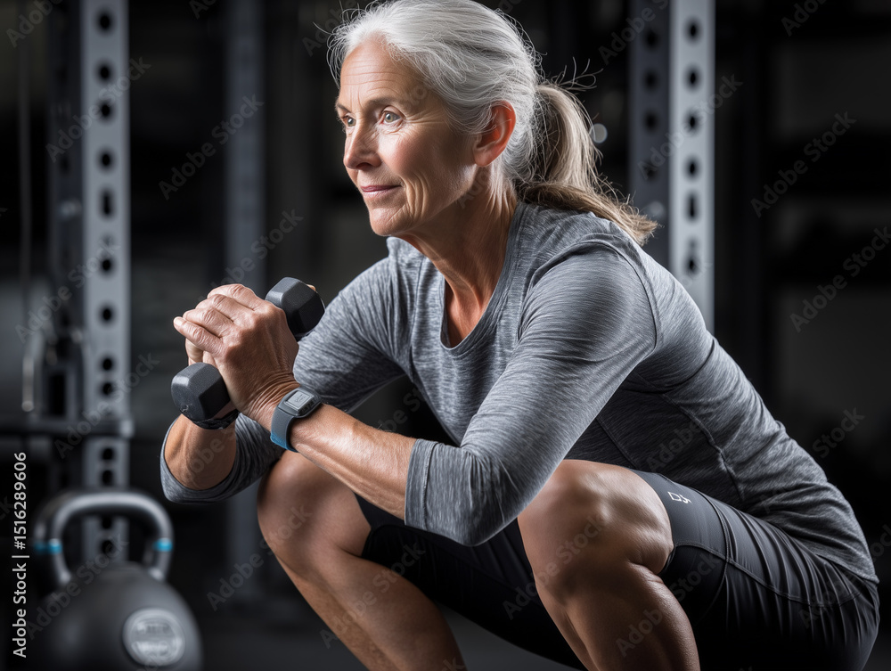 Obraz premium Portrait of senior woman exercising with dumbbells in fitness studio