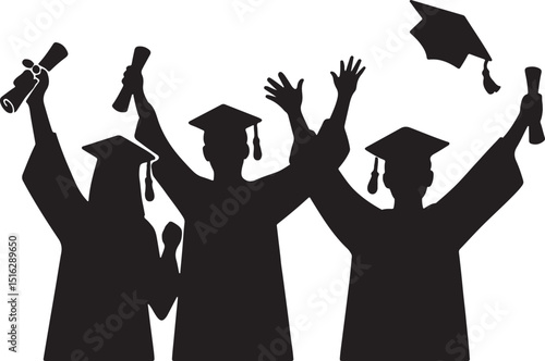 Silhouette vector of a group of graduates cheering with caps in the air, symbolizing success, celebration, and achievement.