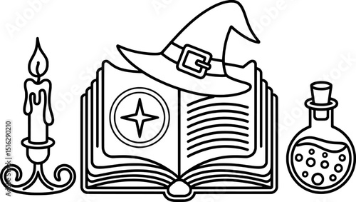 Witchcraft spell book candle potion hat