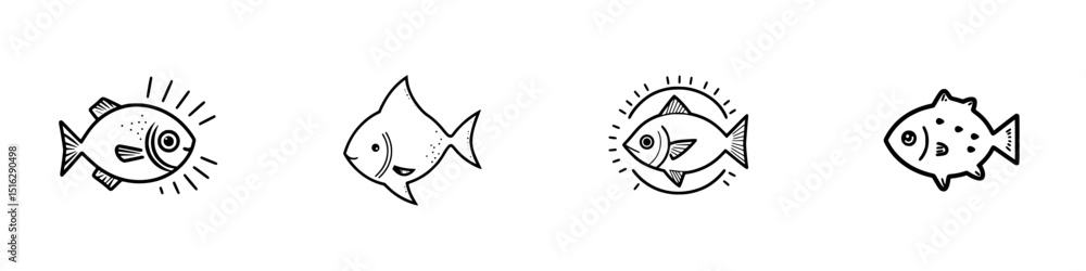 Obraz premium Variety of hand-drawn fish icons showcasing different styles and shapes in a playful, minimalistic design
