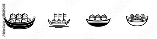 Icon set featuring various styles of sushi boats designed for culinary themes and restaurant branding applications