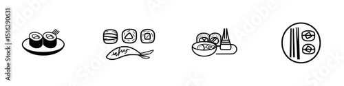 Diverse icon set showcasing various Asian cuisine elements including sushi, noodles, and dim sum