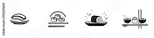 Icon set featuring sushi designs with different styles and elements for culinary themes