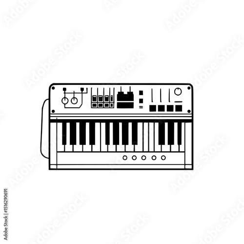 Icon set featuring a vintage synthesizer with a keyboard and control panel designed for music enthusiasts and artists