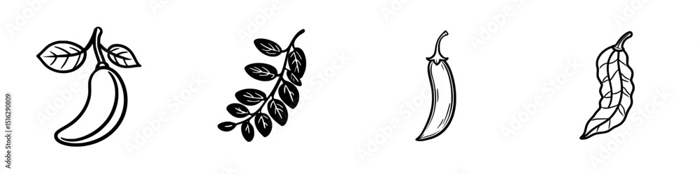Icon set featuring hand-drawn fruits and vegetables including banana, leaves, chili, and pepper elements Icon set featuring hand-drawn fruits and vegetables including banana, leaves, chili, and pepper elements