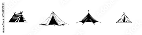 Various camping tent icons in simple, minimalistic styles suitable for outdoor activities and adventure themes
