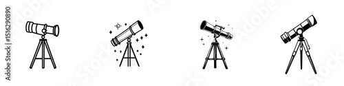Various icon designs of telescopes displayed on a simple white background showcasing observational tools in astronomy