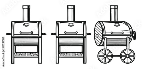 Vintage Barrel BBQ Smokers Illustration in Retro Black and White Style