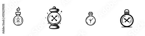 Icon set featuring various potion bottles and tools in a simple black and white design for creative projects