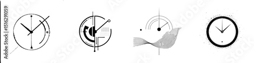Abstract clock icon set featuring unique designs and artistic interpretations of time displayed in monochrome styles