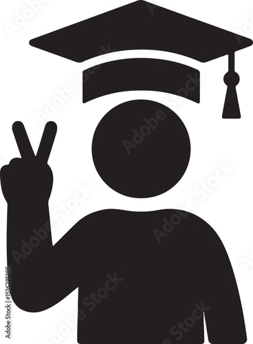 Silhouette vector of a graduate holding up a peace sign, symbolizing celebration, success, and positive achievement.