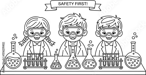 Three kids scientists doing experiments safety first