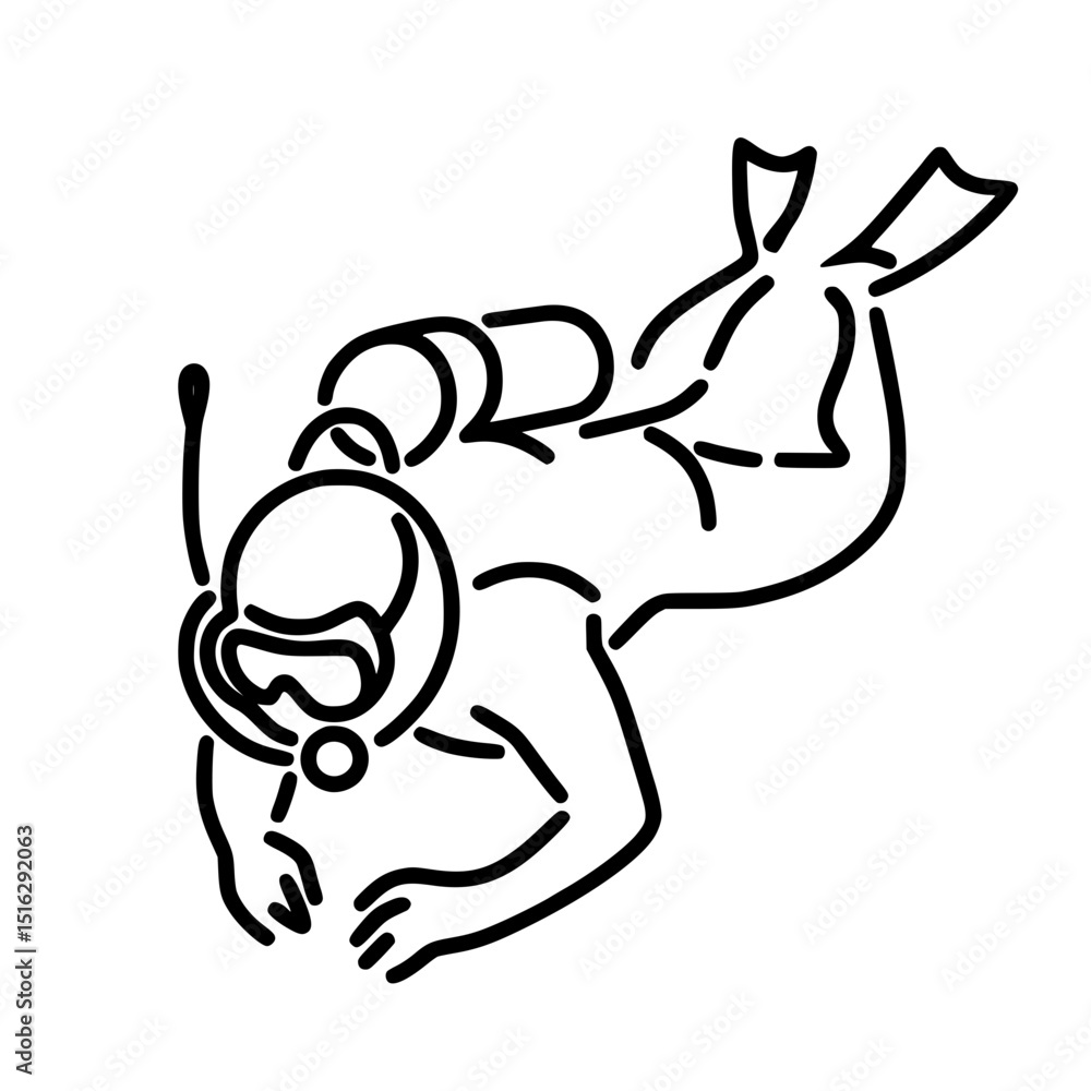 Diver exploring underwater environment in single line outline vector Diver exploring underwater environment in single line outline vector