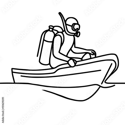 Diver sitting on a boat with scuba gear preparing for diving - Concept of single line outline vector  