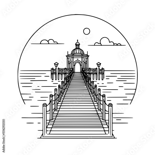 Line drawing of a pier leading to a coastal pavilion under the sun  