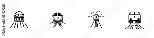 Collection of train icons in various designs showcasing locomotives and rail tracks