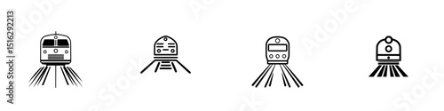 Train icon set featuring diverse designs of train front views and tracks