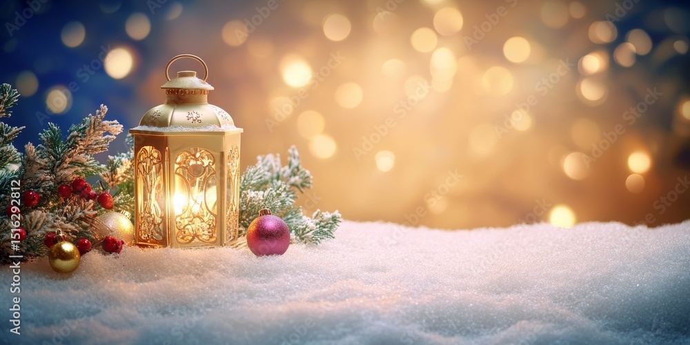 Golden Lantern and Christmas Ornaments on Snowy Surface, Festive Bokeh Lights Background. Golden Lantern and Christmas Ornaments on Snowy Surface, Festive Bokeh Lights Background.