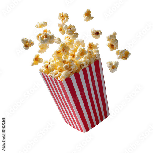 Popcorn flying from striped box isolated on transparent background