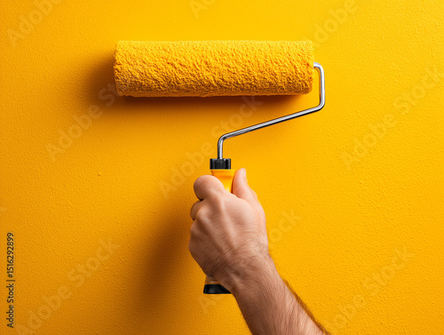 Male hand painting the wall with paint roller over yellow background, close up