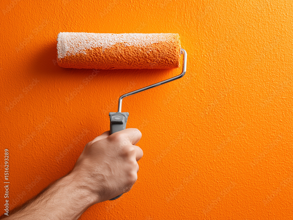 Obraz premium Painter paints the orange wall with a roller, close-up