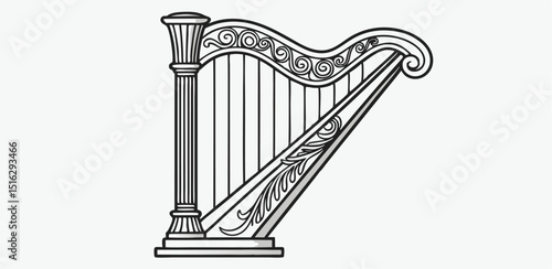 Intricately Engraved Vintage Harp Illustration with Baroque Floral Design