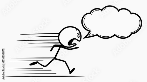Vector Stick Figure of Scared Man Running Away with Empty Speech Bubble – Cartoon Businessman in Panic