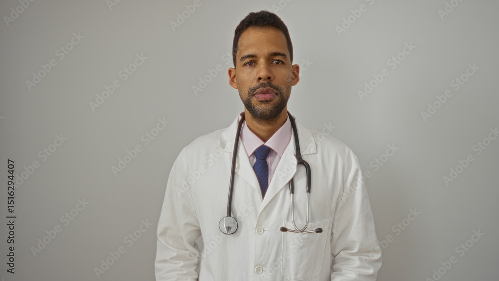 Hispanic male doctor standing isolated over a white background with a confident expression wearing a stethoscope and white coat implying professionalism and healthcare expertise Hispanic male doctor standing isolated over a white background with a confident expression wearing a stethoscope and white coat implying professionalism and healthcare expertise