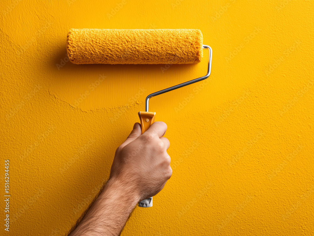 Obraz premium Male hand painting the wall with paint roller over yellow background, close up