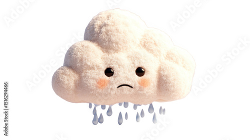 Fluffy, sad cloud raining softly against a transparent background, adding a touch of melancholy and emotion to various design projects, perfect for evoking feelings of sadness and gloom