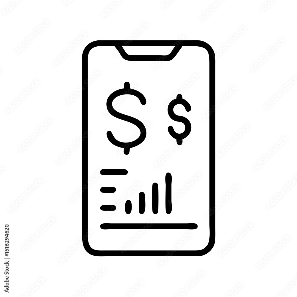 Mobile banking icon with dollar signs and bar chart Mobile banking icon with dollar signs and bar chart