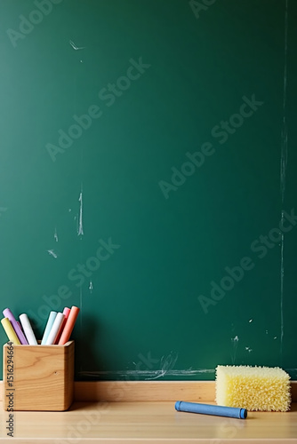 A chalkboard with faint erased marks, a box of chalk and a sponge