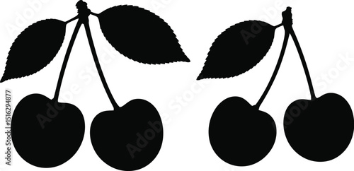 Two cherry clusters in black silhouette with leaves and stems on a white background in simple style