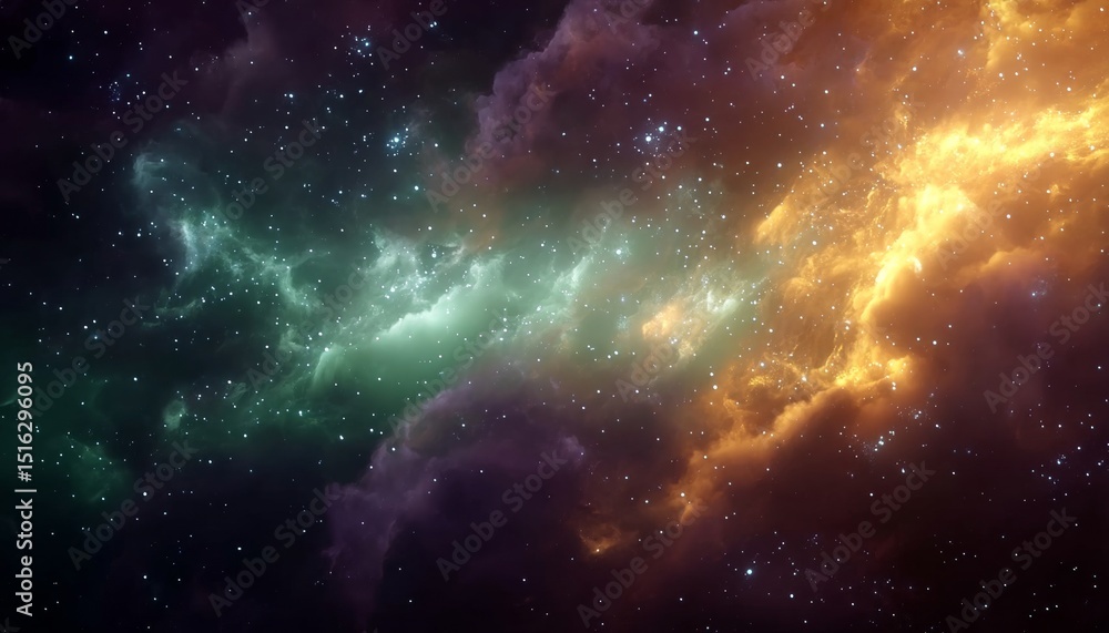 Fototapeta premium Celestial Tapestry Emerald Nebula, Fiery Cloudscape, Cosmic Glitter, and Starry Background