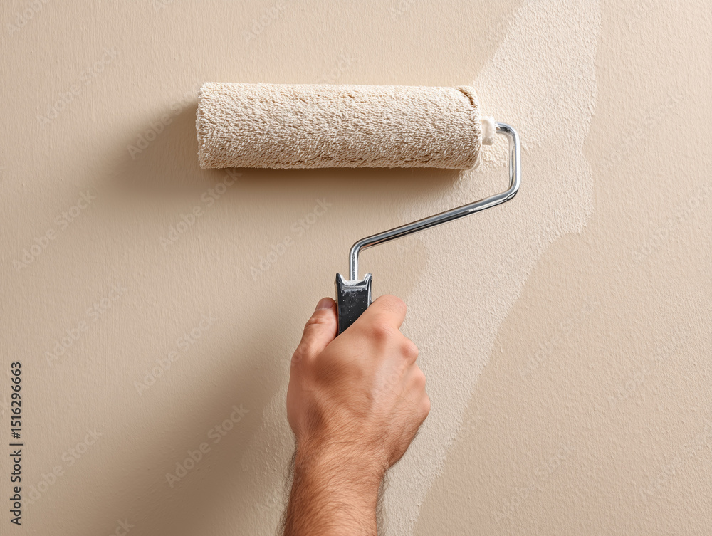 Obraz premium Man painting wall with paint roller, closeup. Space for text. beige color