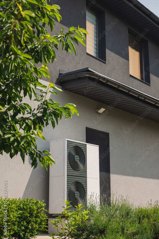 Fototapeta premium Dual-fan heat pump unit mounted beside a residential house wall with greenery and modern facade elements in a landscaped garden