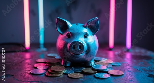 Piggy Bank Surrounded by Coins with Neon Lights, Financial Savings, Future Investments.