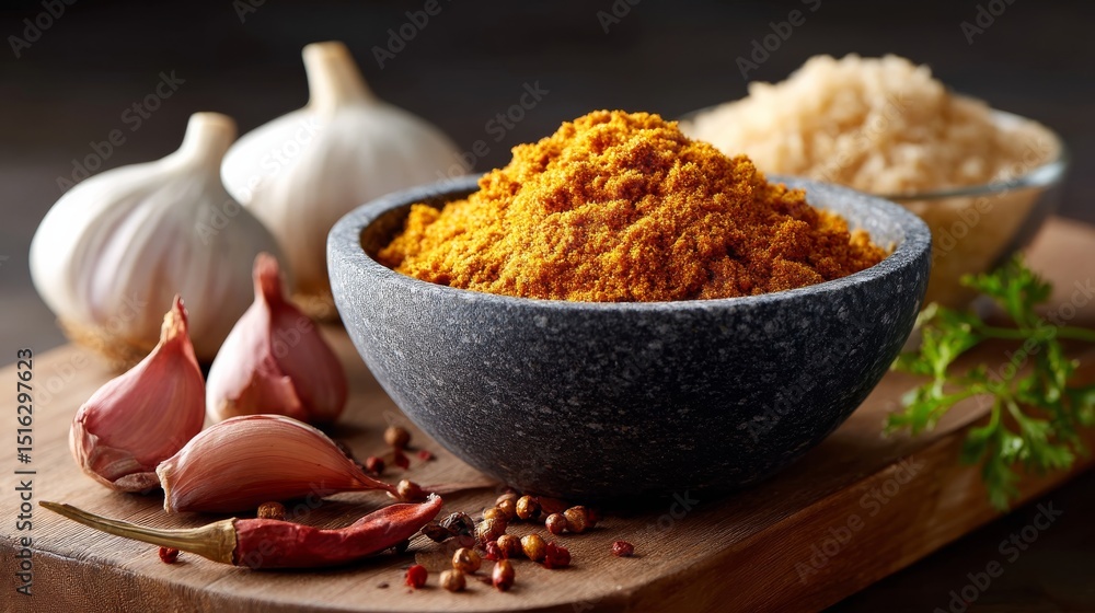 Fototapeta premium Close-Up of Burmese Curry Powder with Turmeric, Garlic, and Shallots in a Textured Bowl on a Wooden Cutting Board