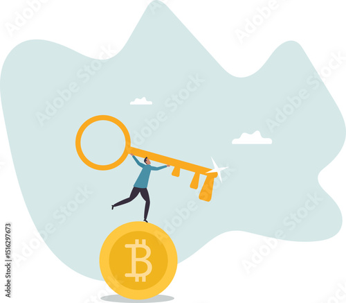 Private key or hardware wallet to store cryptocurrency or Bitcoin, security password or safety protection for crypto currency .character for design.