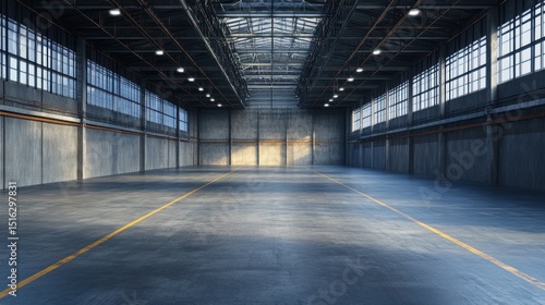 Vast empty warehouse interior illuminated by natural light streaming through windows