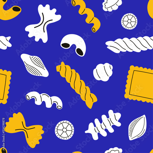Seamless pattern with hand drawn pasta. Colourful background for restaurant, menu and decorative cards with Italian macaroni in cartoon style