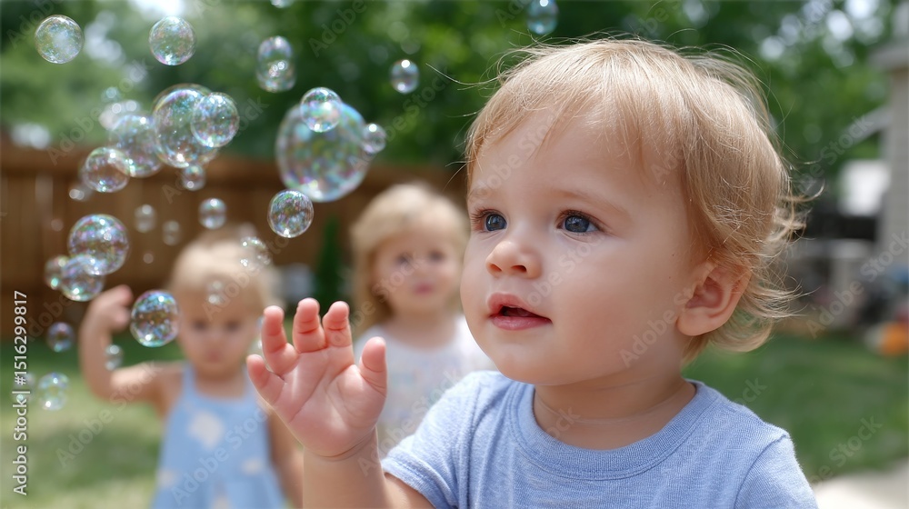 Young Child Enchanted by Bubbles in a Sunny Backyard Surrounded by Playful Friends Young Child Enchanted by Bubbles in a Sunny Backyard Surrounded by Playful Friends