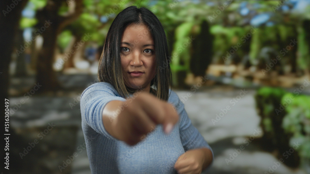 Naklejka premium Young woman practicing martial arts in a park, showcasing strength and focus amidst the tranquil outdoor setting, capturing her dynamic movement and intensity in a natural environment.