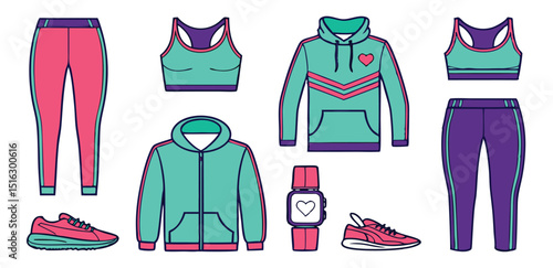 Colorful Vector Fitness Clothing and Accessories Set