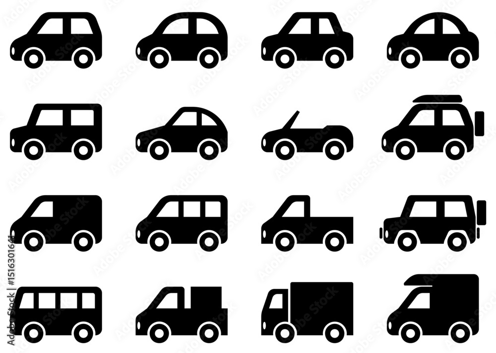 様々な形の車、自動車のアイコンのベクターイラストのセット 様々な形の車、自動車のアイコンのベクターイラストのセット